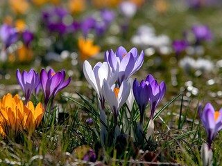 Crocuses in a sunny meadow. Bright spring background