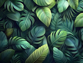 Lush and Vibrant Tropical Foliage Abstract Decorative Pattern with Intertwining Tendrils and Fronds