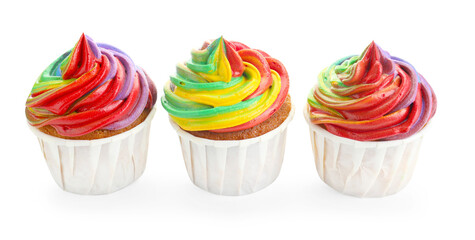 Delicious cupcakes with colorful cream isolated on white