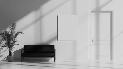 Minimalist Living Room with Black Sofa and Empty Wall Canvas