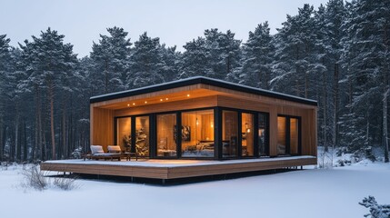 Fototapeta premium Modern wooden cabin nestled in a snowy pine forest during winter evening