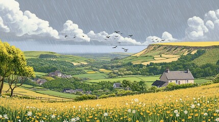 Fototapeta premium Rural valley rain, birds flying, field flowers, farm house