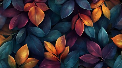 Luxurious Seamless Pattern of Iridescent 3D Leaves in Art Nouveau Style