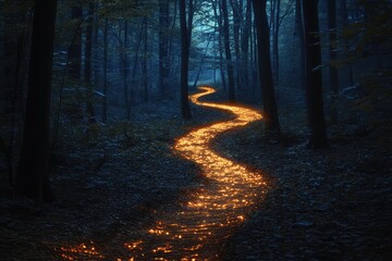 A dark forest with glowing pathways winding through the trees, casting an ethereal, ambient light across the ground.