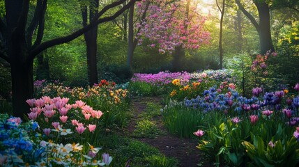 Fototapeta premium Enchanted Spring Garden Path with Vibrant Blooms