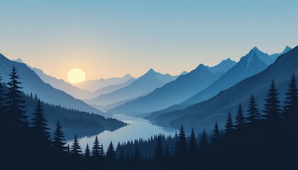 Obraz premium Serene Sunset over Majestic Mountains and Tranquil Lake, Breathtaking Landscape View with Silhouetted Pine Trees