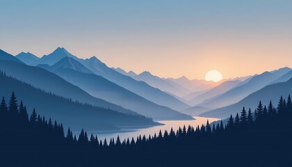 Obraz premium Serene Sunset over Majestic Mountains and Tranquil Lake, Stunning Landscape View, Peaceful Nature Scene, Breathtaking Scenery