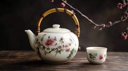 Porcelain teapot with floral design and bamboo handle, next to a small cup on wooden table.