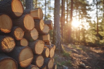 Stack of firewood illuminating the forest at sunset