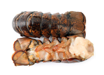 Two raw lobster tails isolated on white, top view