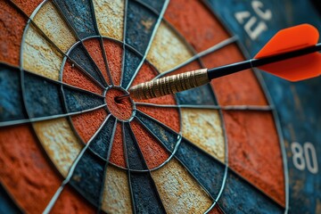 A dart hitting the bullseye on a dartboard, with intense focus and sharp details.
