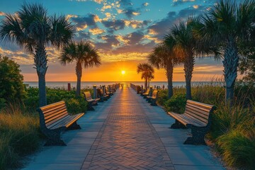 Obraz premium Stunning golden sunset illuminating beach path with palm trees and benches