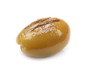 One grilled green olive isolated on white