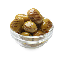 Grilled green olives in bowl isolated on white