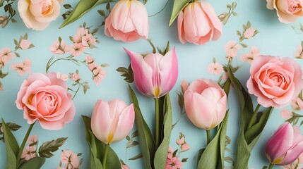 Pink tulips and pastel roses flat lay floral wallpaper for Mother's Day, feminine theme