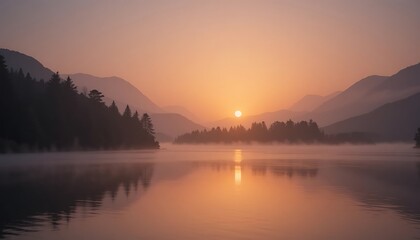 Fototapeta premium Serene Sunrise over Misty Mountain Lake with Silhouetted Trees