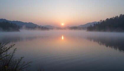 Fototapeta premium Serene Sunrise over Misty Lake with Silhouetted Mountains and Reflections