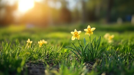 Yellow Daffodils in a Sunny Spring Meadow