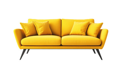 Modern yellow sofa isolated on transparent background with cushions
