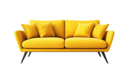 Modern yellow sofa isolated on transparent background with cushions