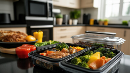 Healthy meal prep with vegetables and chicken in containers on kitchen counter