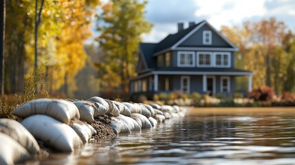 Naklejka premium Sandbags protecting house from rising floodwaters