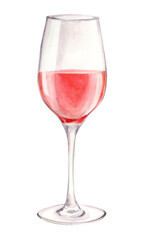 Realistic watercolor illustration of a glass of rose wine. Hand drawn alcoholic drink. Design element for bar and restaurant menu, tasting.