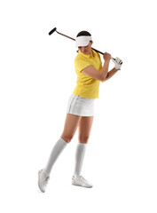 Beautiful female golfer on white background
