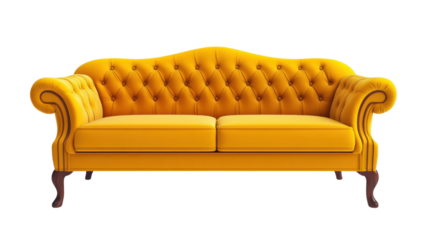 Elegant yellow sofa with tufted design on transparent background