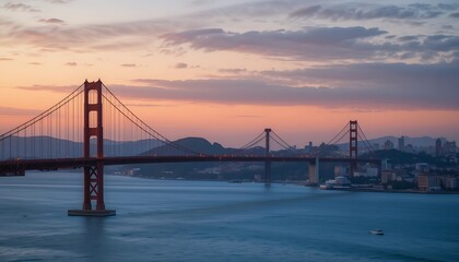 Obraz premium Golden Gate Bridge at Sunset with Stunning Pink and Purple Sky over San Francisco Bay