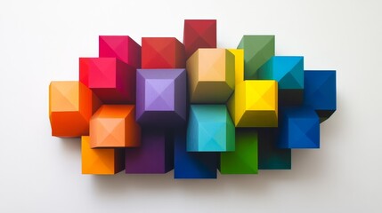 Obraz premium A captivating arrangement of colorful geometric shapes, featuring cubes in bold hues, creating an eye-catching abstract design against a clean white background.