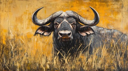 A close-up of a buffalo against a textured orange background, evoking strength and nature.