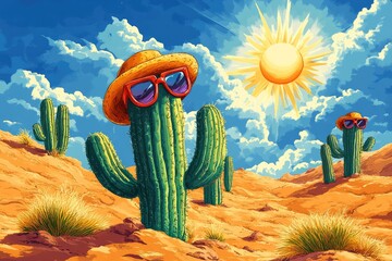 A desert landscape with cartoon cacti wearing sunglasses and hats, where the sun is always shining and the sands are a vibrant orange under the endless blue sky.