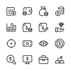 A set of money related icons including a dollar sign, a coin, a check