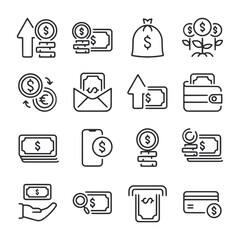 A set of money related icons including coins, bills, and a wallet