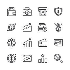 A set of financial icons including a wallet, a briefcase, a stack of money