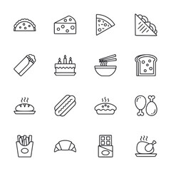 A collection of food icons including pizza, sandwiches, and cakes