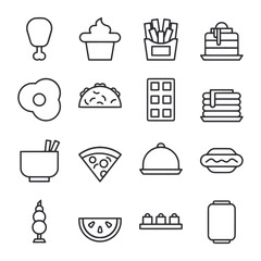 A collection of food icons including pizza, hot dog, and a cupcake
