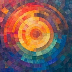 Obraz premium A dynamic abstract design featuring concentric circles in a vivid array of colors, creating a visually striking geometric pattern.