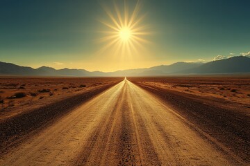 Naklejka premium A desert road stretching endlessly into the horizon under the blazing sun, the heat shimmering off the pavement.