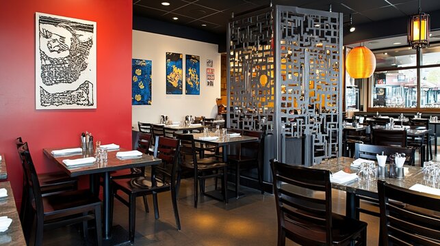 Asian restaurant interior, tables set, room divider, art