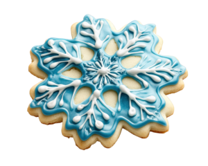 snowflake shaped cookie with blue icing and white decoration, perfect for festive occasions. This playful treat adds touch of winter charm to any dessert table