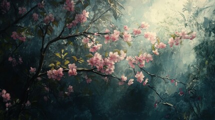 Pink Cherry Blossoms on Branch Dark Green Background Soft Light