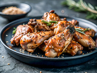 Fototapeta premium Tasty Spicy Chicken Wings, Herb, and Spice Glazed Wings. Delicious Food background