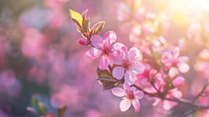 Obraz premium Pink Cherry Blossoms in Sunlight Spring Flowers Closeup