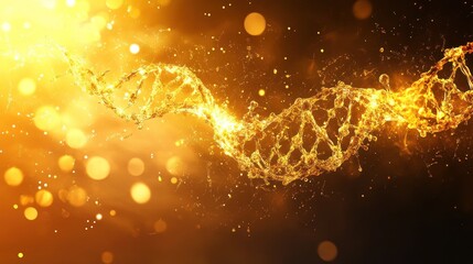 A glowing DNA strand illuminated by golden light, symbolizing life and science.