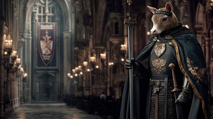 Naklejka premium A regal anthropomorphic sheep dressed in armor stands in a grand cathedral, illuminated by candles