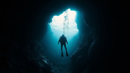 Fototapeta premium Scuba Diver Exploring Underwater Cave with Sunlight Above