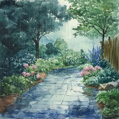 Obraz premium Rainy Garden Path Watercolor Painting