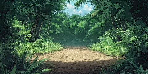 Naklejka premium Anime woodland backdrop, fantasy scenery, enchanted trees, mystical landscape, magical nature setting, vibrant foliage, dreamy environment, whimsical illustration, cartoon wilderness